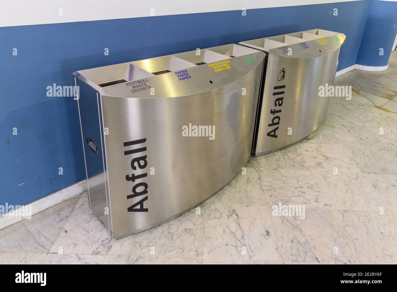 schwechat, austria, 13 jan 2021, empty garbage bins at the vienna international airport during the covid-19 lockdown Stock Photo