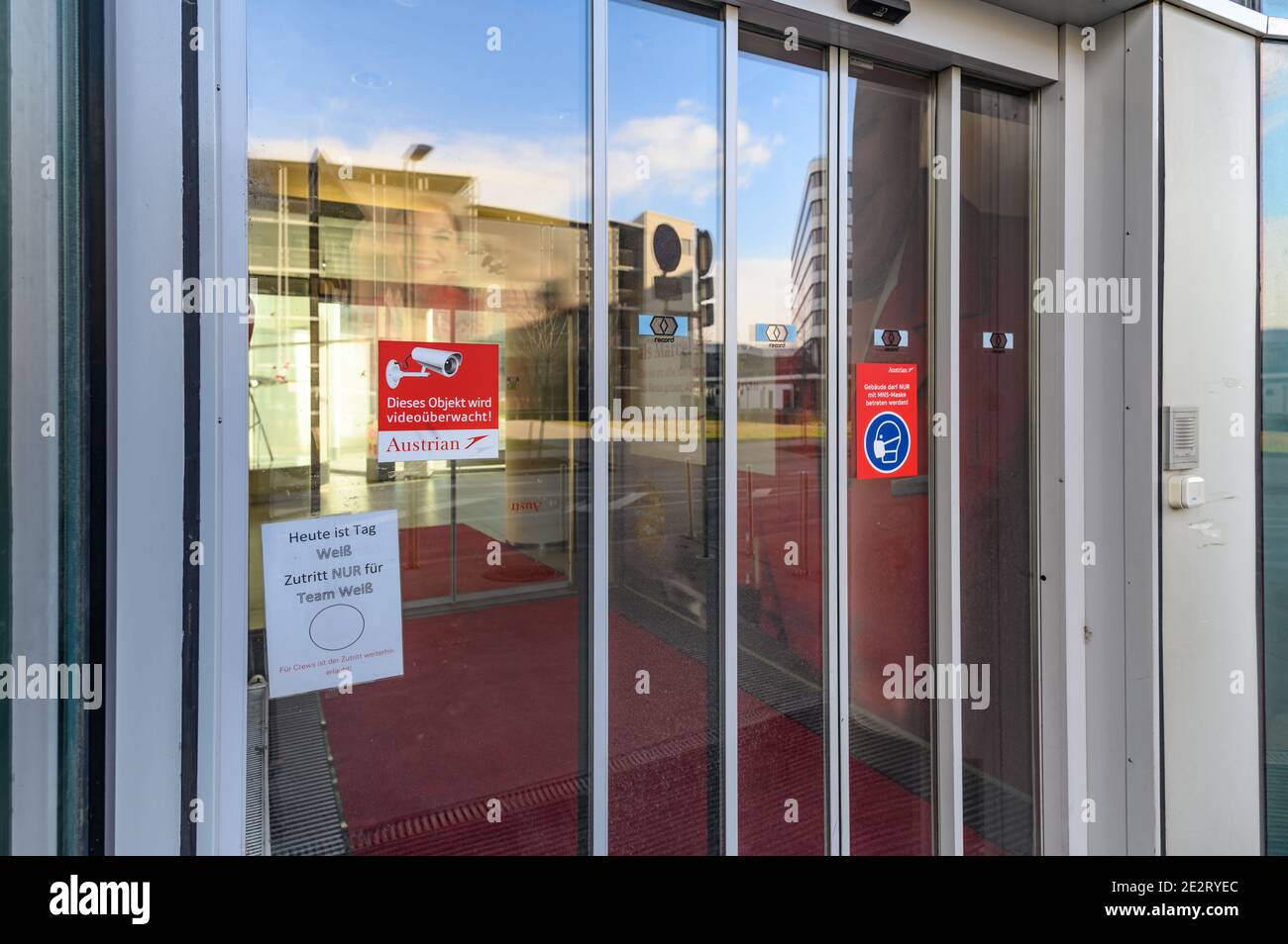schwechat, austria, 13 jan 2021, entrance of an office of the austrian airlines at the vienna international airport during the covid-19 lockdown Stock Photo