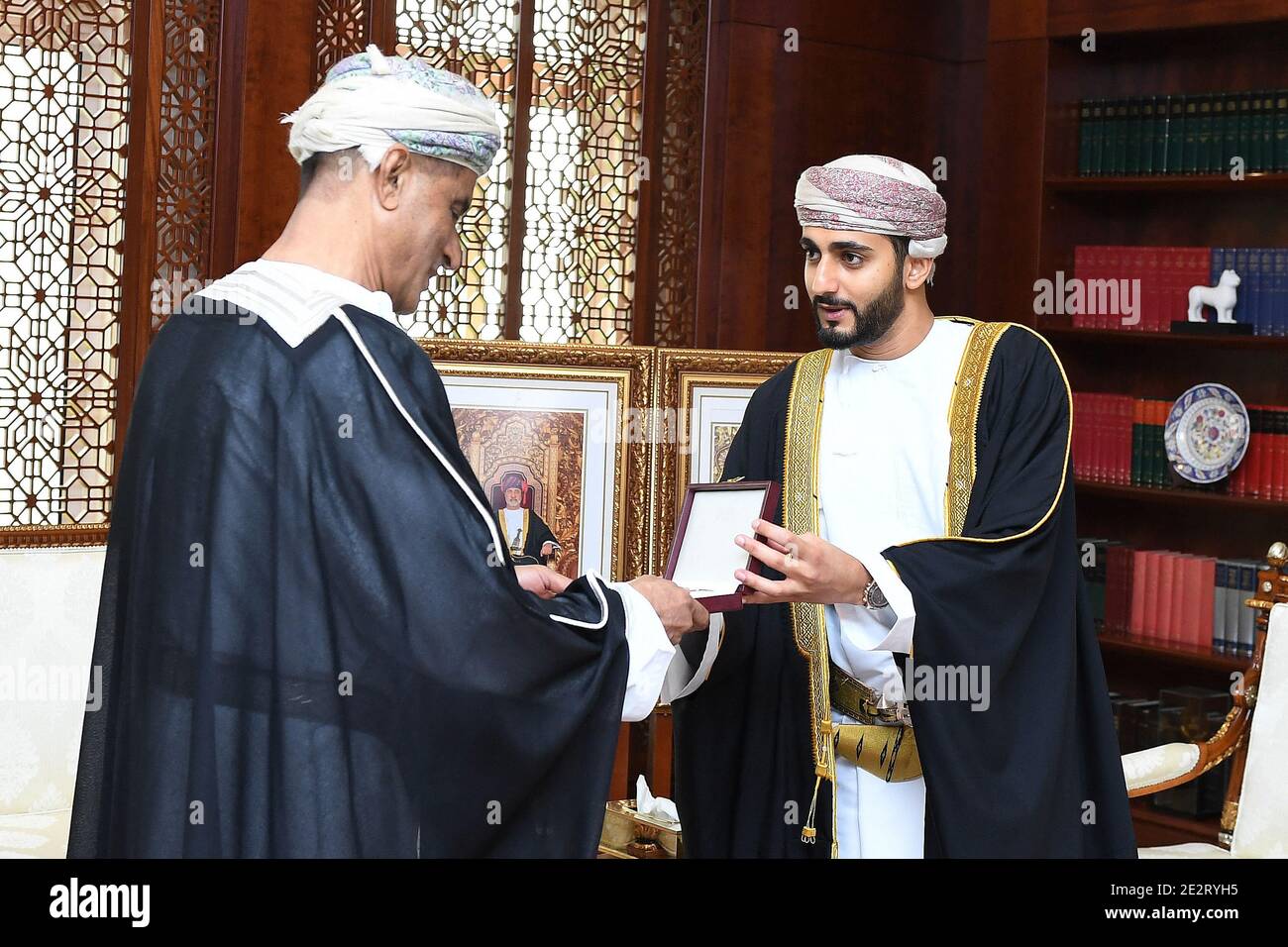 Photo dated November 2020 of Prince Theyazin (or Sayyid Theyazin), 31 year-old (right), Minister of Culture, Sports and Youth, and the eldest son of Sultan Haitham Bin Tareq of Oman as he is delivering an award to a journalist. Theyazin, has become the Sultanate's first Crown Prince following constitutional amendments done by his father Sultan Haitham, a year after he was sworn in, in Muscat, Oman. Photo by Balkis Press/ABACAPRESS.COM Stock Photo