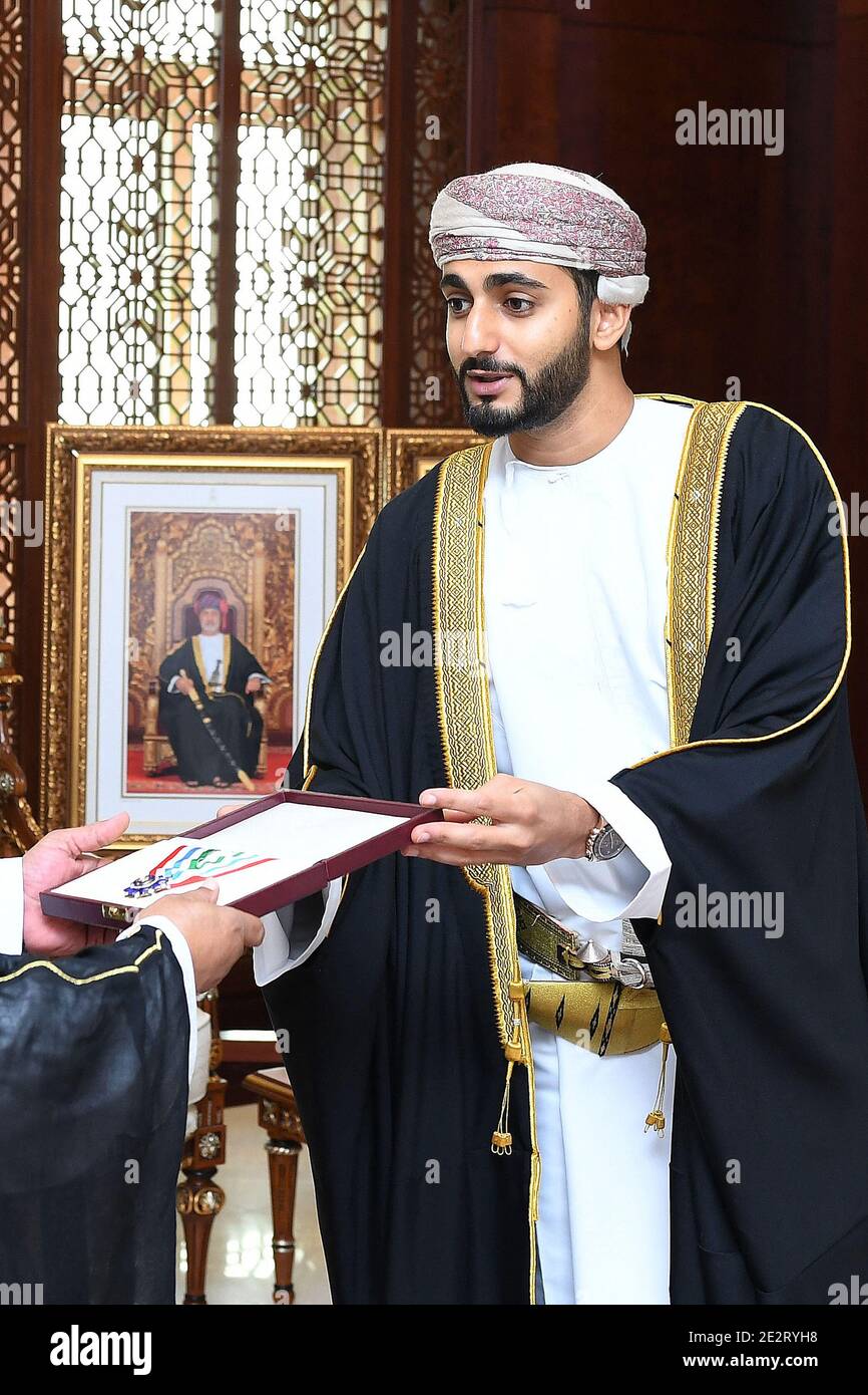 Photo dated November 2020 of Prince Theyazin (or Sayyid Theyazin), 31 year-old, Minister of Culture, Sports and Youth, and the eldest son of Sultan Haitham Bin Tareq of Oman as he is delivering an award to a journalist. Theyazin, has become the Sultanate's first Crown Prince following constitutional amendments done by his father Sultan Haitham, a year after he was sworn in, in Muscat, Oman. Photo by Balkis Press/ABACAPRESS.COM Stock Photo
