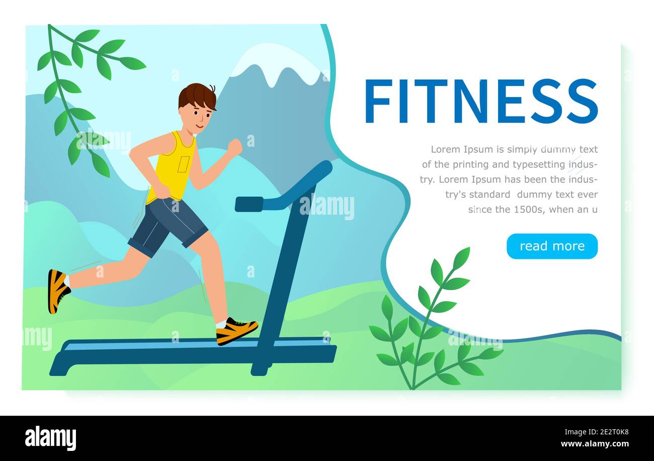 Fitness. young  Man running on a treadmill against a forest background. landing page, cartoon character. Vector illustration in modern flat style. Stock Vector