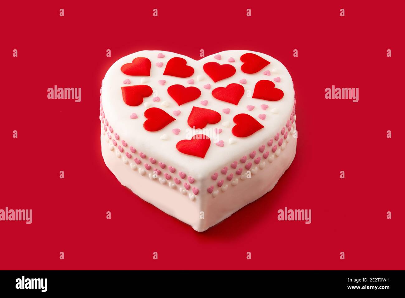 Heart Cake For St Valentine S Day Mother S Day Or Birthday Decorated With Sugar Hearts On Red Background Stock Photo Alamy