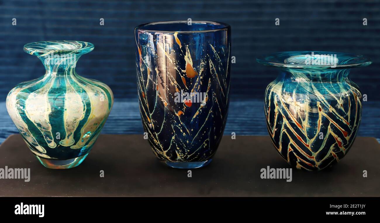 Mdina art glass, three vases, two chevron pattern one sea and sand pattern in the style of Micheal Harris, signed and labelled Stock Photo