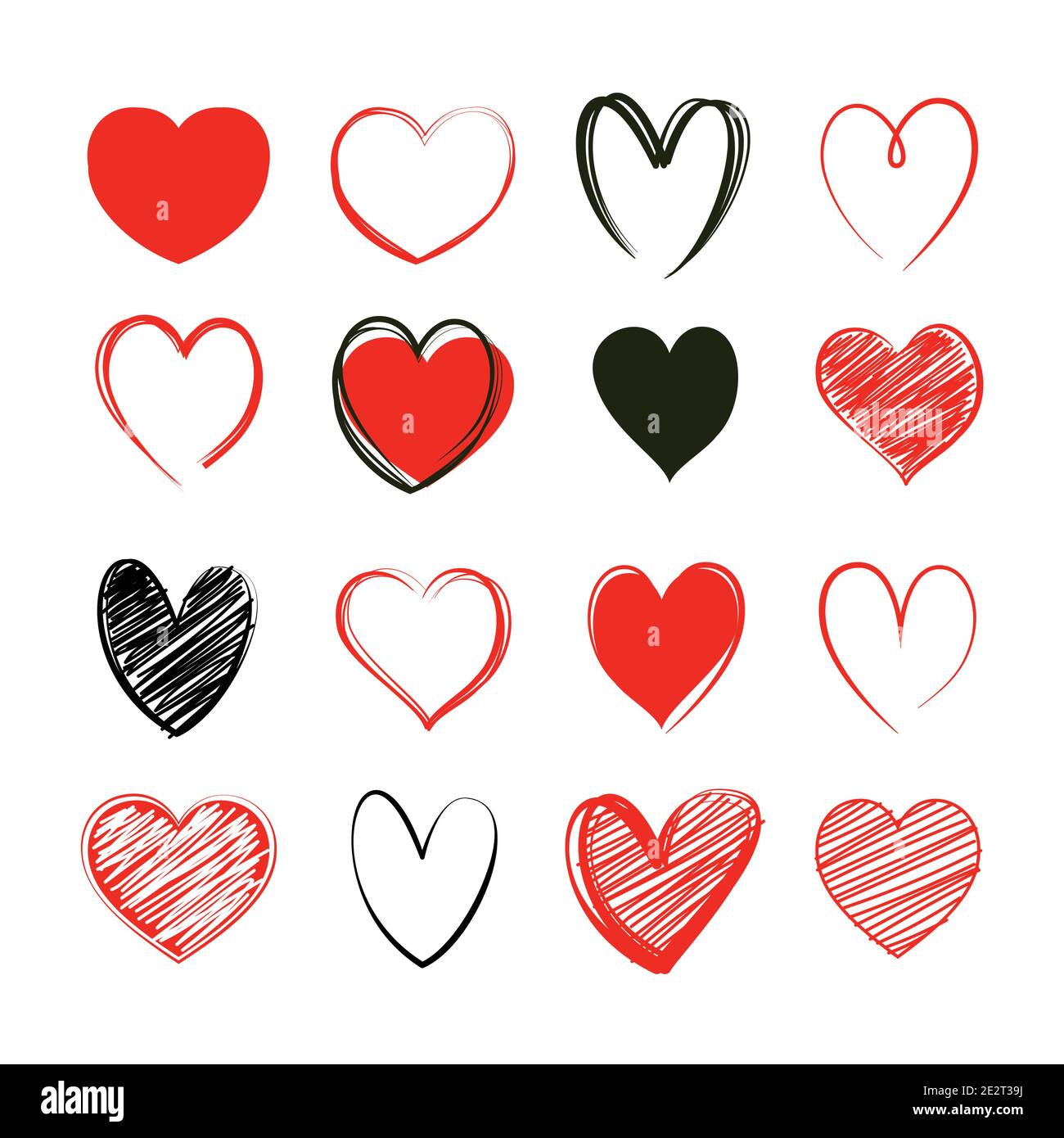 Red heart valentine symbol set. Love icon hand drawn isolated on white ...