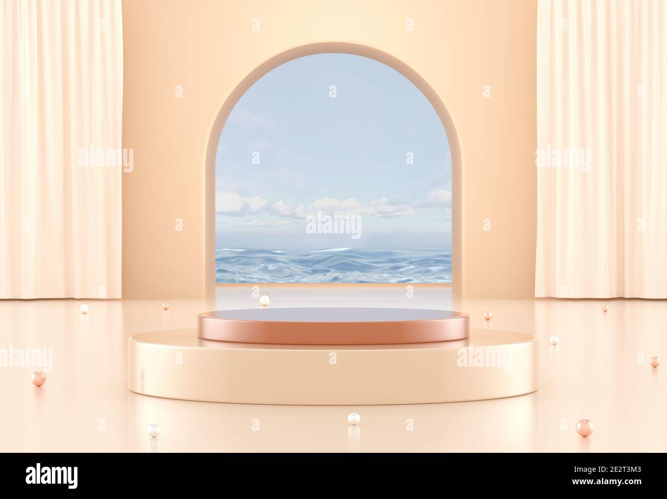 Pastel colors 3d podium for cosmetic products showcase. 3d background for branding and product presentation. Big arch window with sea view and podium, pedestal, round stage. 3d rendering. Stock Photo
