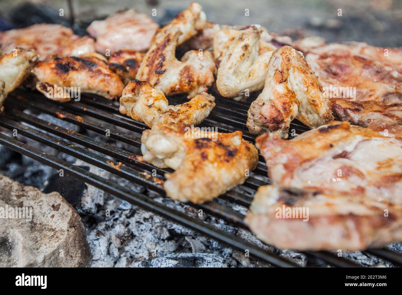 Grilled Meat , summer picnic , cooking food outdoor Stock Photo
