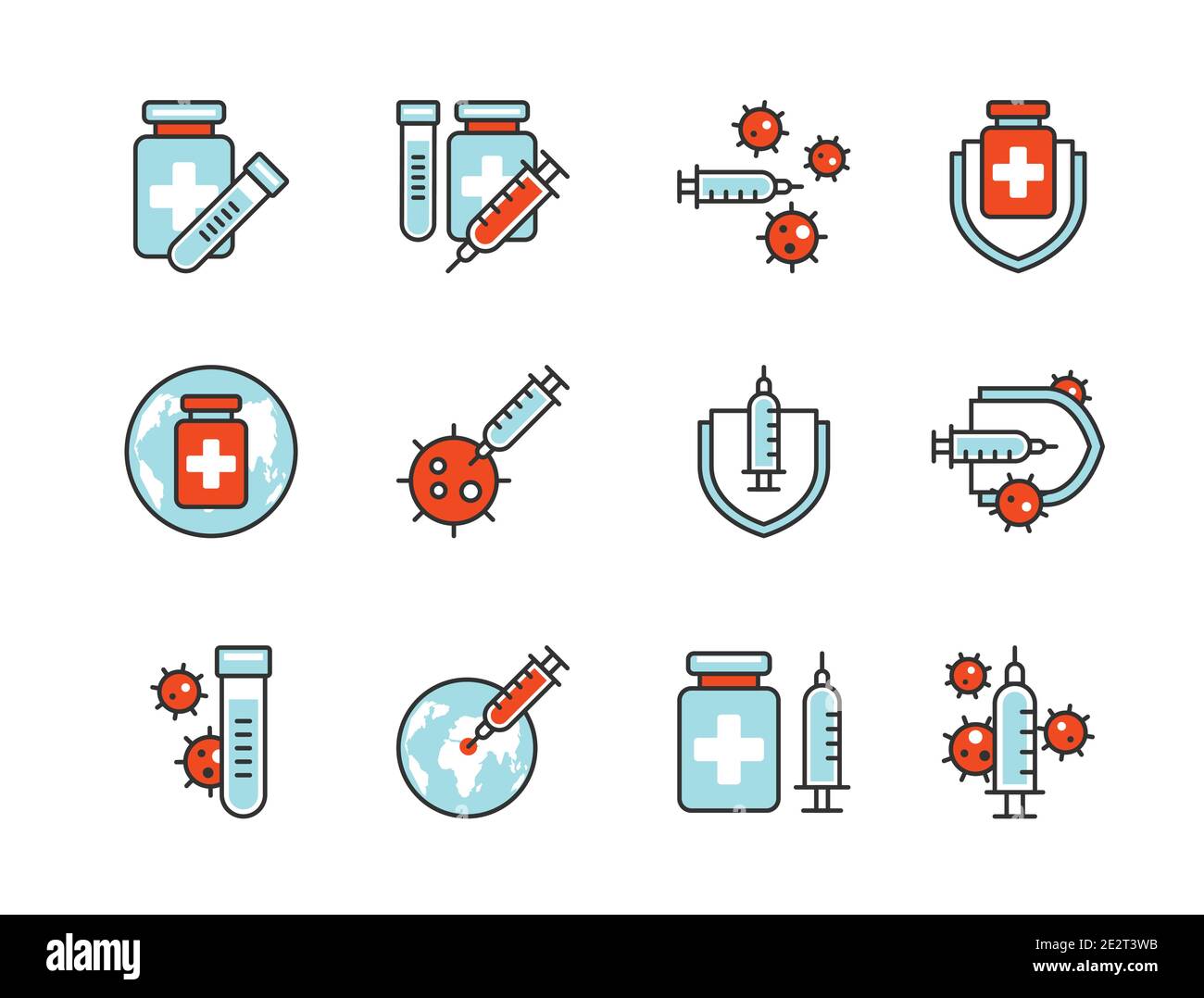 Covid-19 vaccine icon set colorline style.  Sign and symbol for websit, print, sticker, banner, poster. Stock Vector