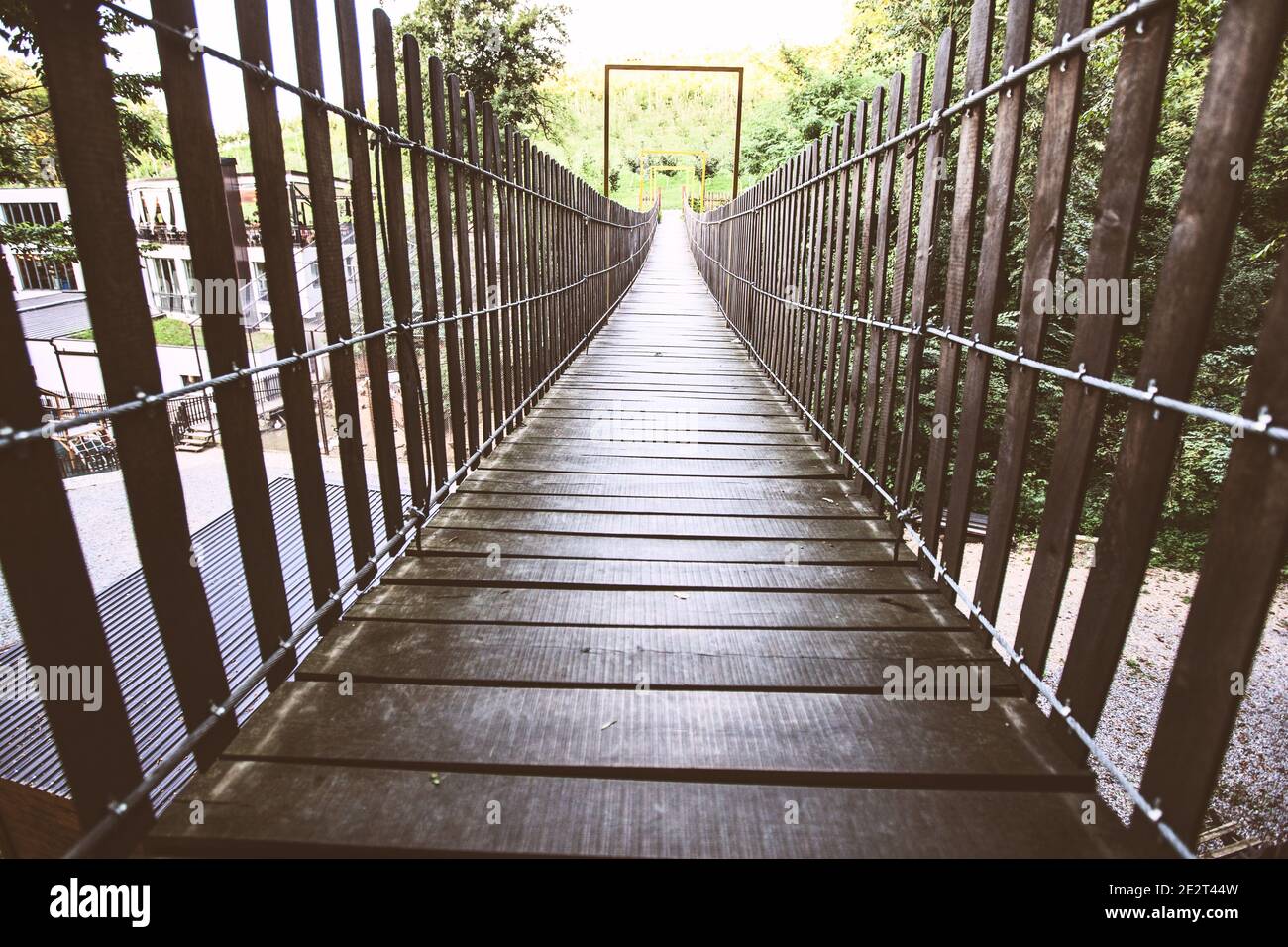 Wooden Suspension Bridge, Pedestrian Hanging Footbridge, Summer Day