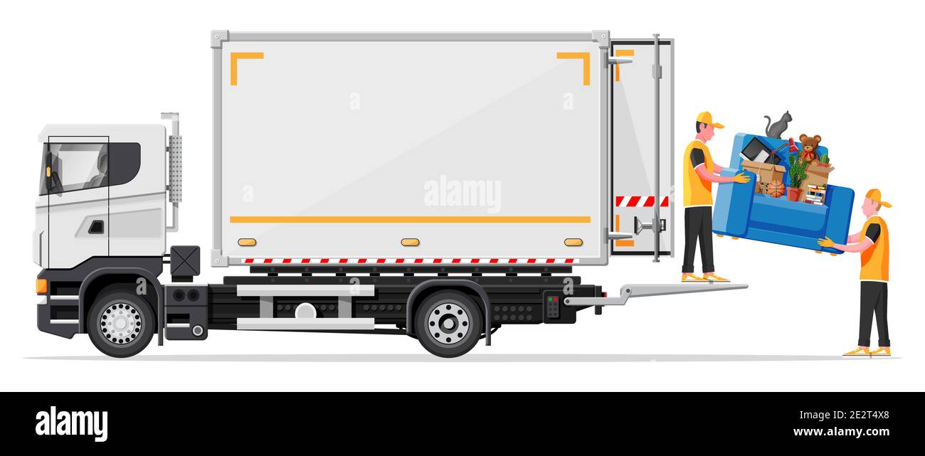 Delivery truck full of home stuff inside. Moving to new house. Family relocated to new home. Boxes with goods. Package transportation. Computer, lamp, clothes, books. Flat vector illustration Stock Vector