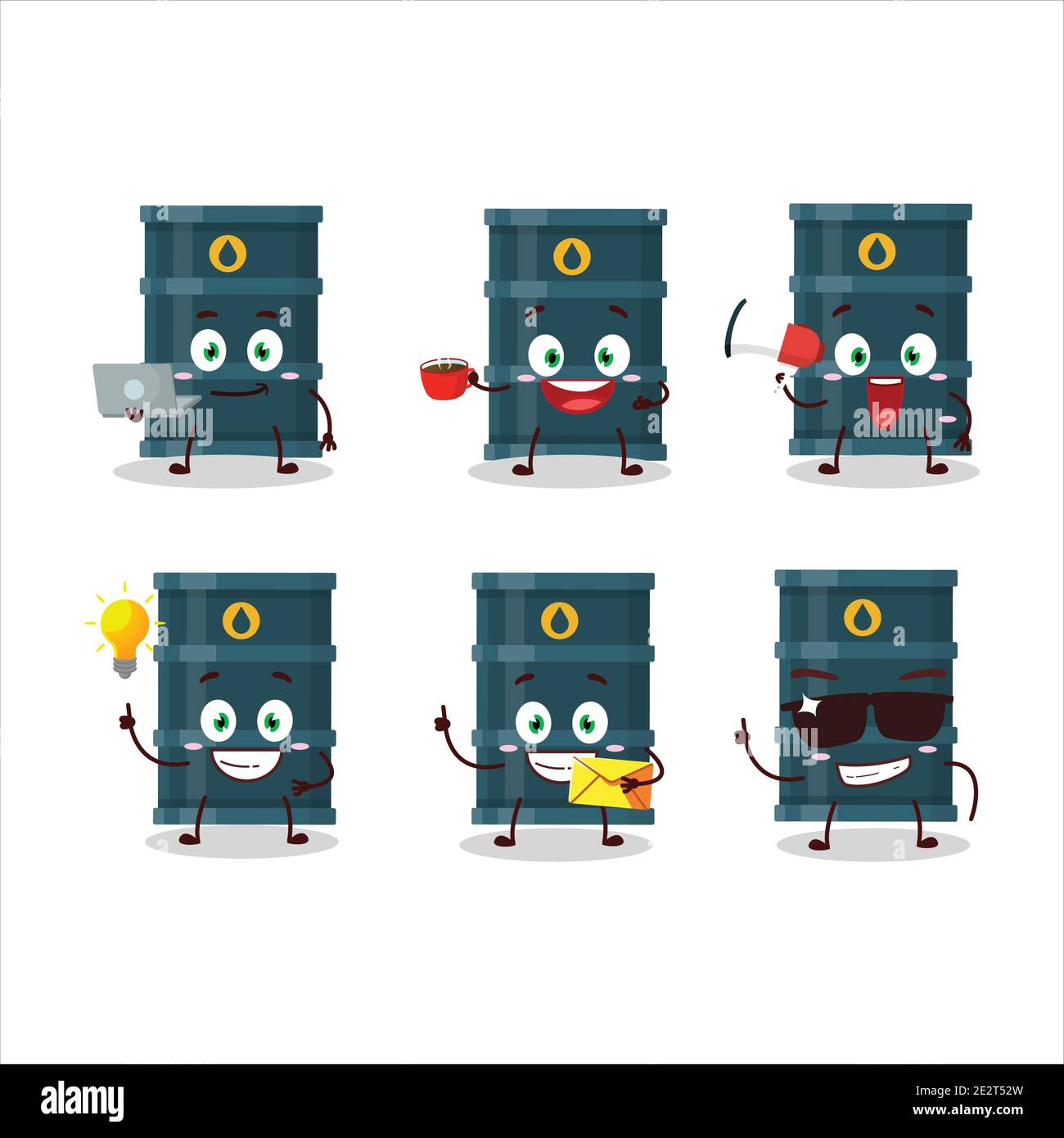 Oil drum cartoon character with various types of business emoticons ...