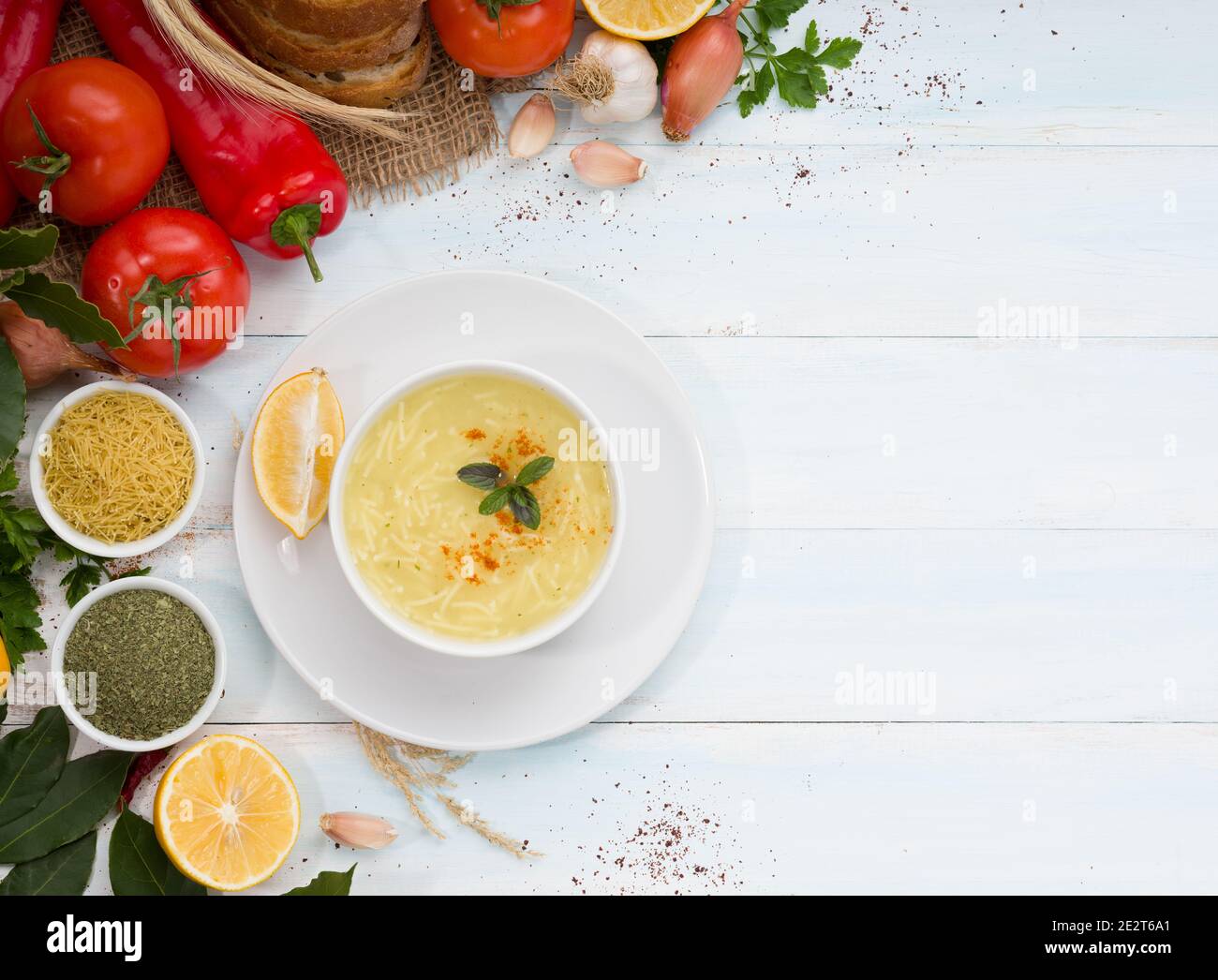 Chicken Noodle Soup with Turkish cooking method. Stock Photo