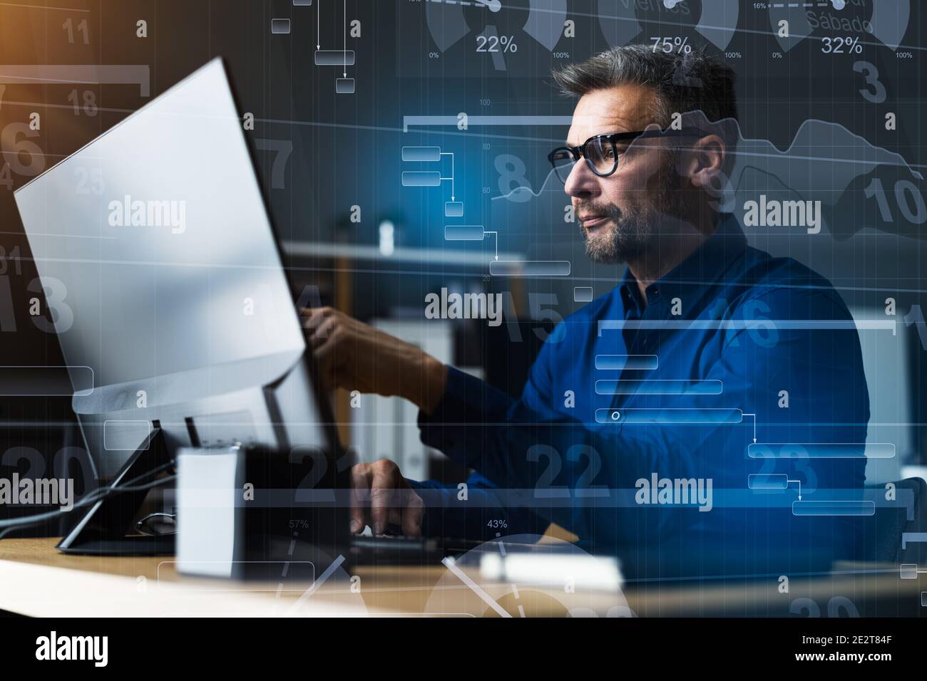 Project Manager Working With Gantt Digital Agenda Chart Stock Photo
