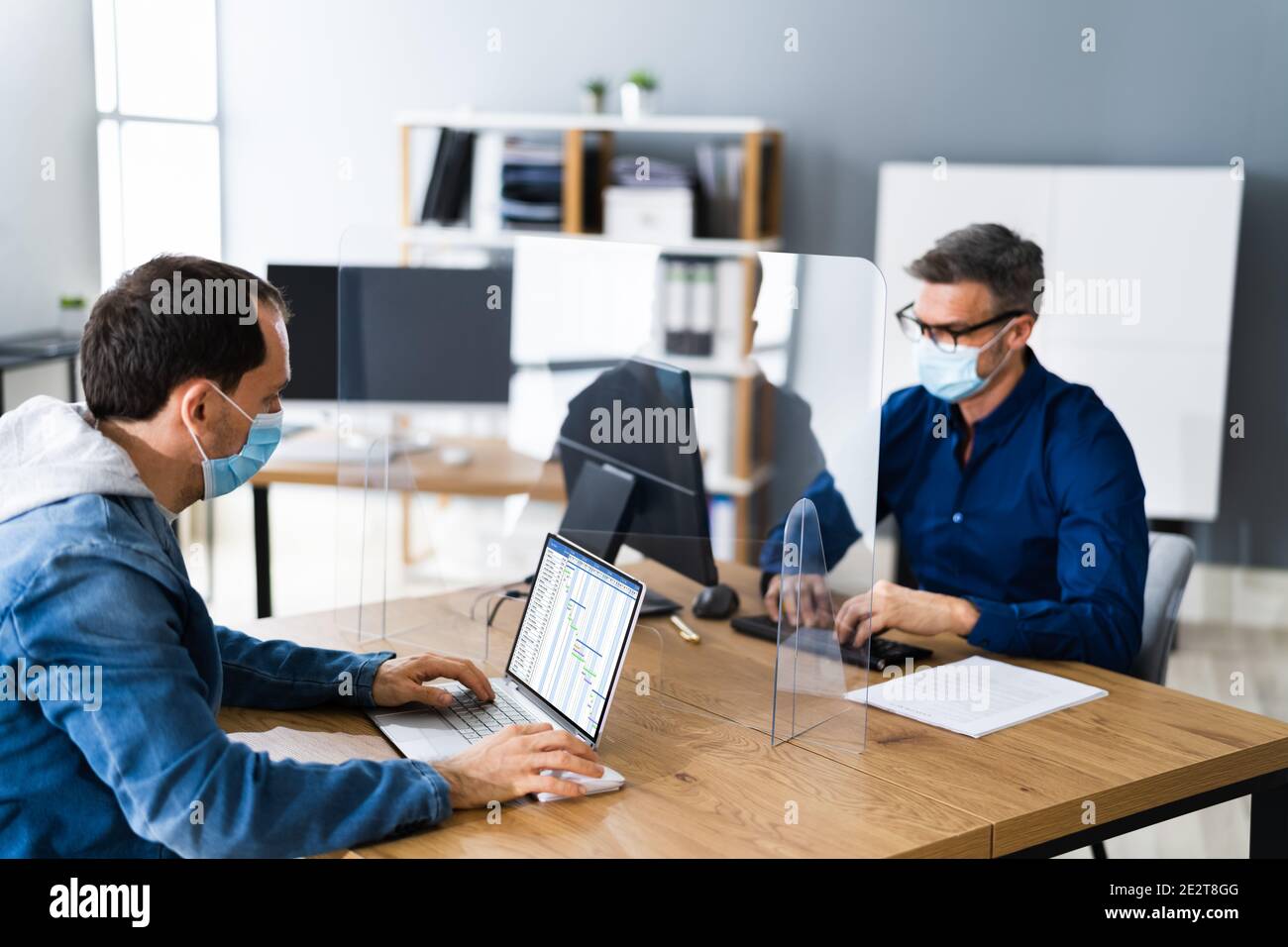 Job Interview Business Meeting At Law Office Wearing Face Mask Stock