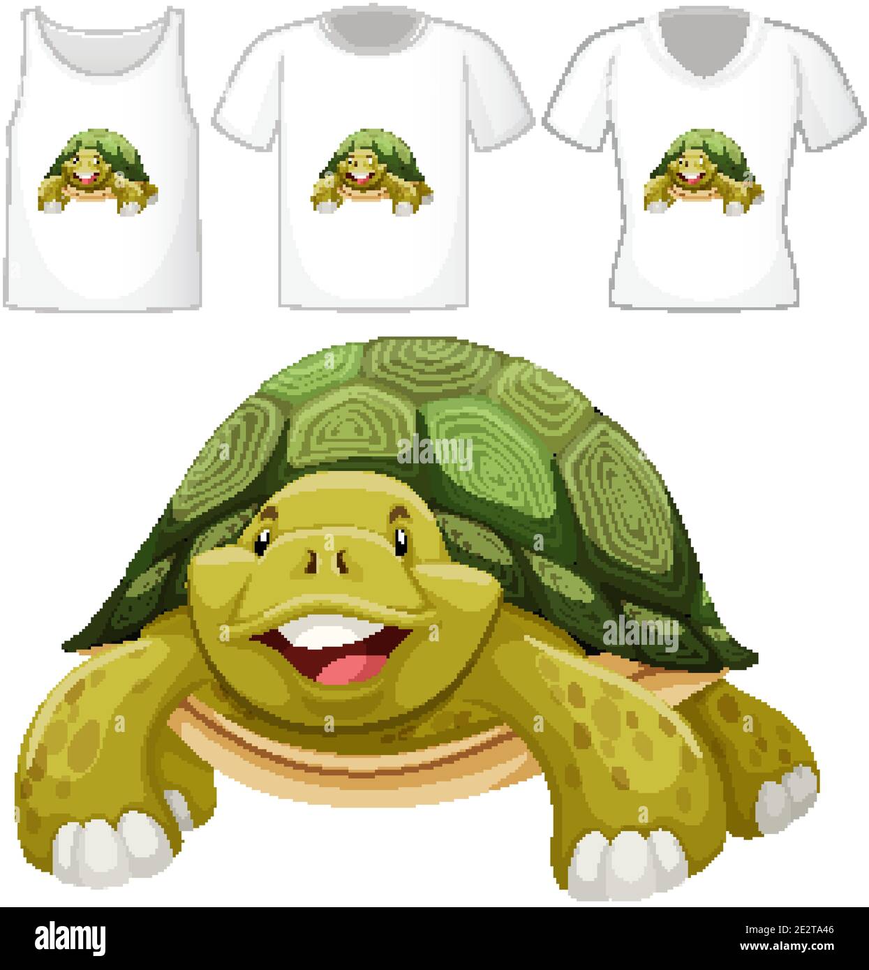 Turtle cartoon character with many types of shirts on white background ...