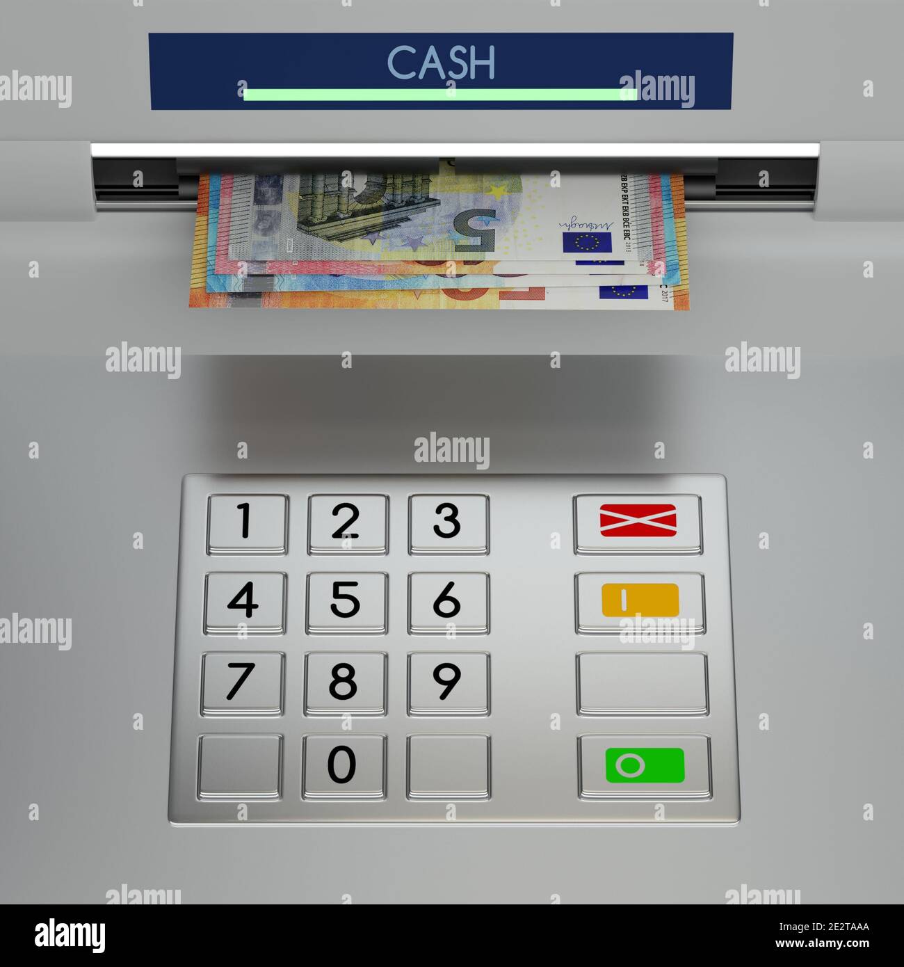 Atm machine keypad with euro banknotes in the money slot. Password security, online payment, cash withdrawal deposit, transfer funds, giving money ret Stock Photo