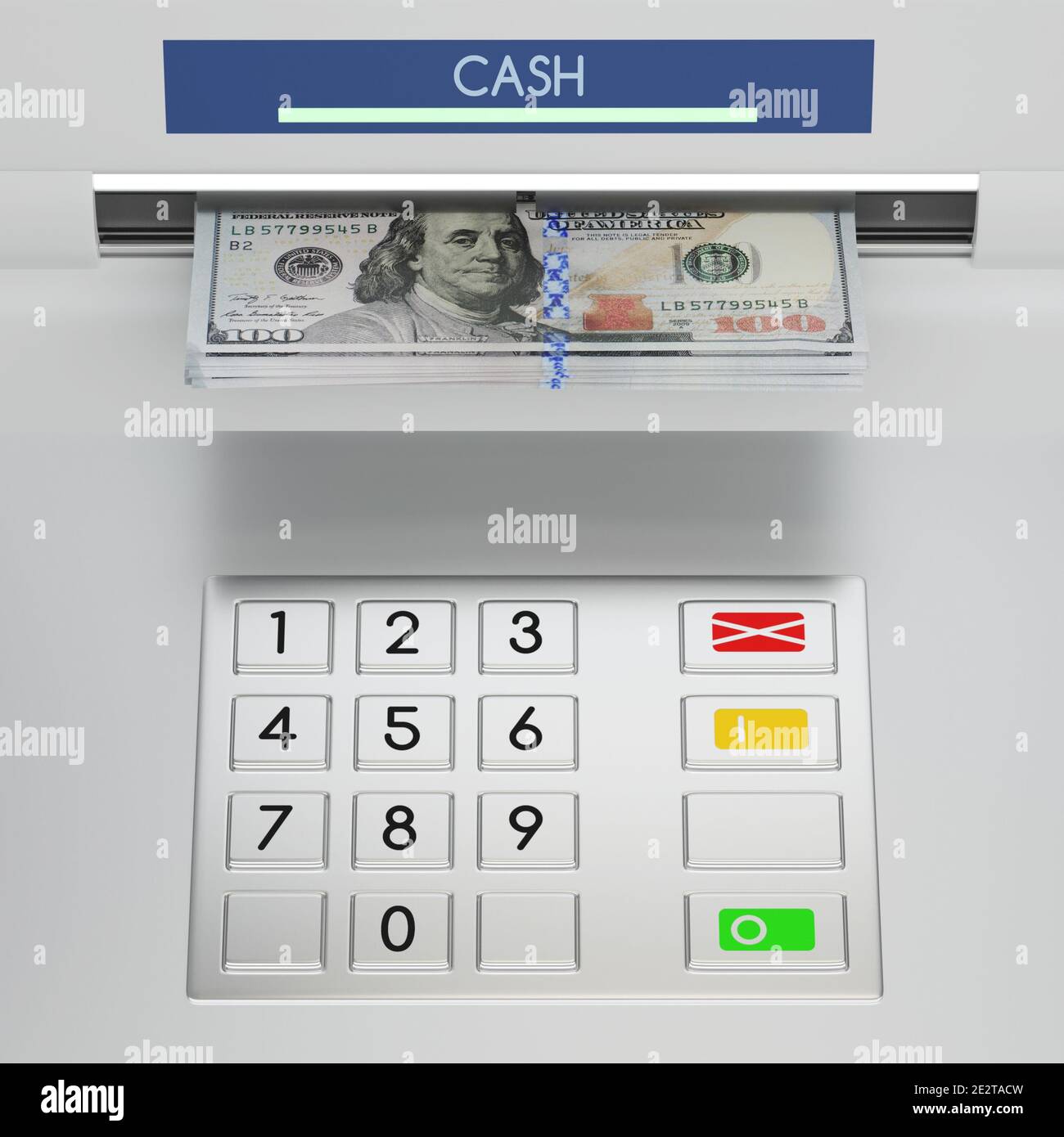 Atm machine keypad with 100 dollar banknotes in the money slot. Password security, online payment, cash withdrawal deposit, transfer funds, giving mon Stock Photo