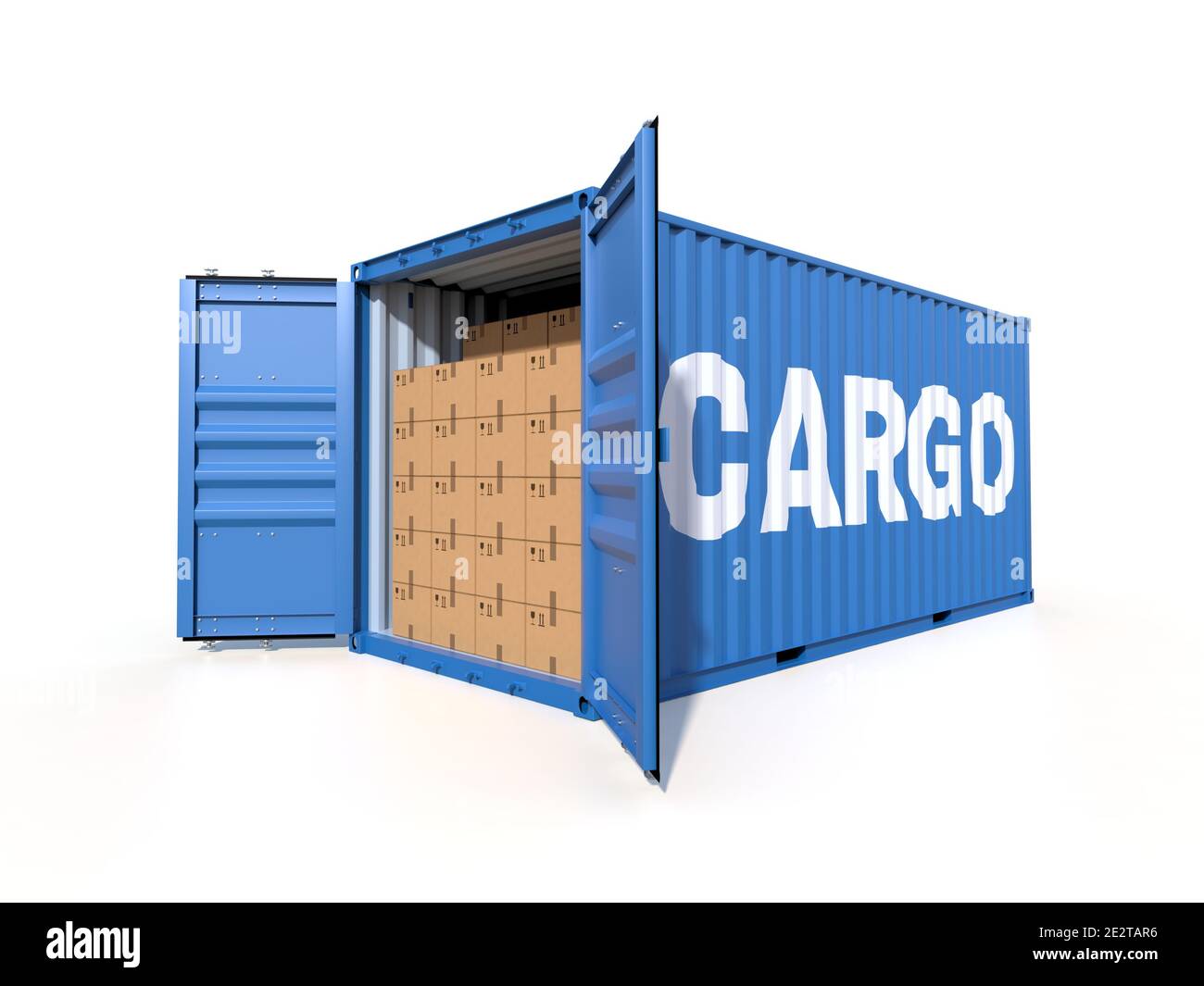 Ship container with the word CARGO on the side, with open doors, full