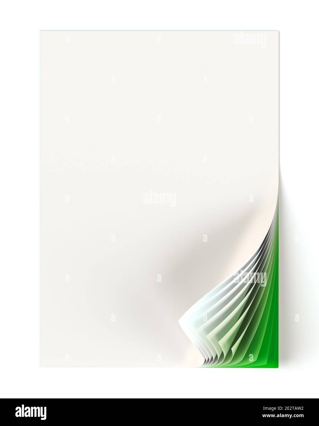 Blank document mock up with green monochrome curled corner. Graphic design element. Business corporate identity, advertisement, web page, poster with Stock Photo