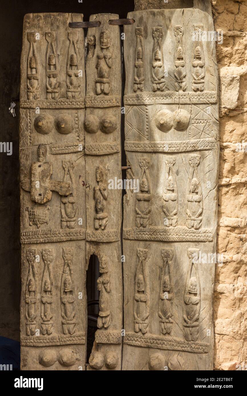 Wooden sculptures on Dogon doors in Sangha, Mali, Africa Stock Photo Alamy