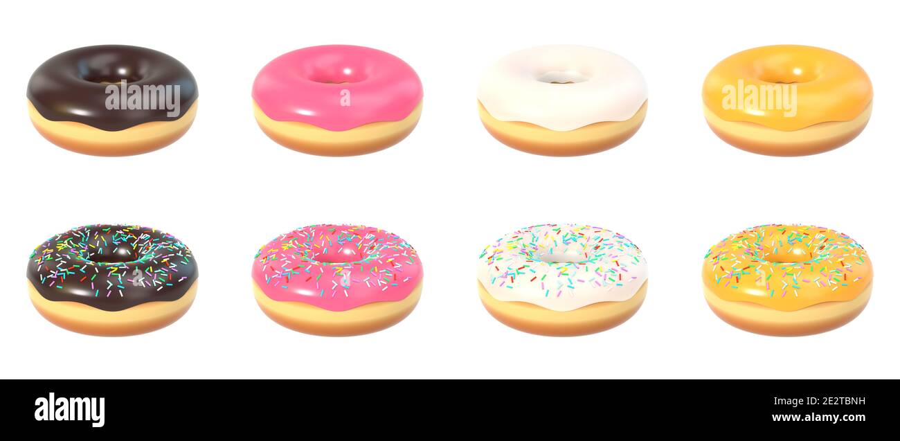Set of delicious donuts with or without sprinkles and sweet icing ...