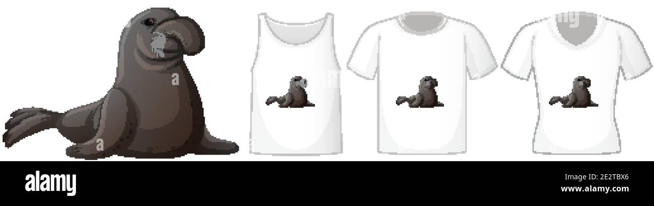Manatee cartoon character with many types of shirts on white