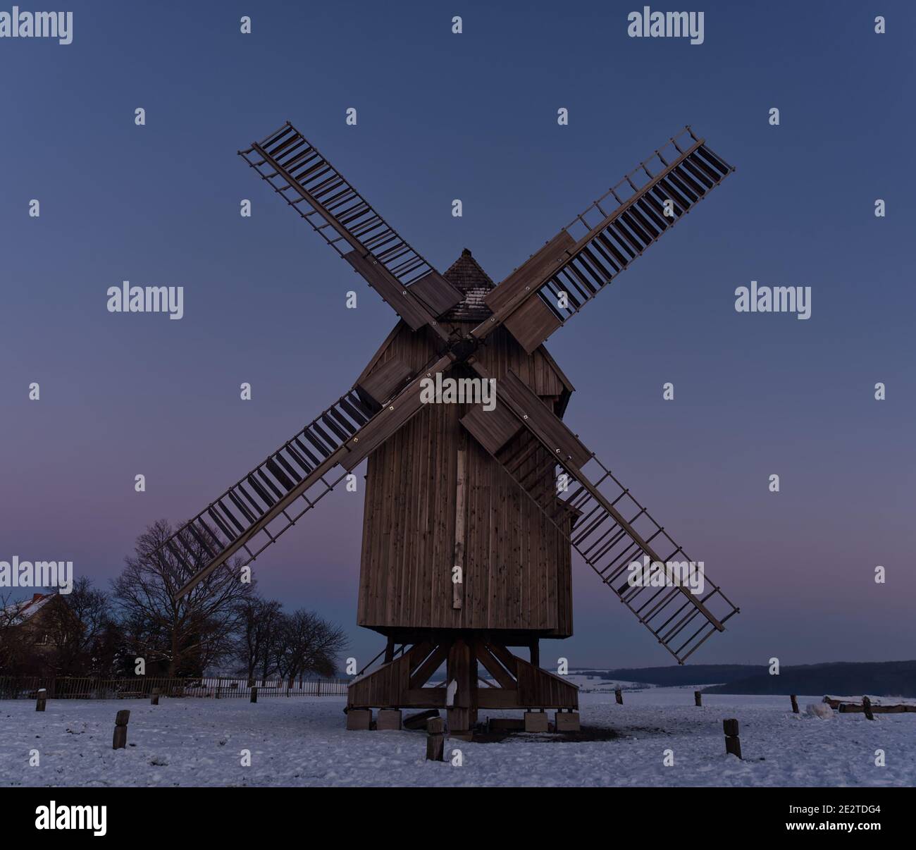 Bockwindmill in krippendorf thuringia at winter historical landscape format Stock Photo