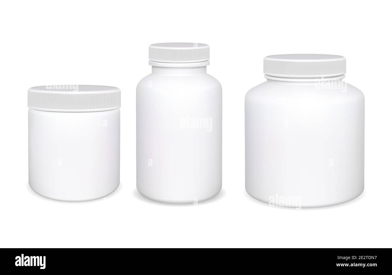 Plastic bottle isolated. White Supplement pill bottles. Medicine jar