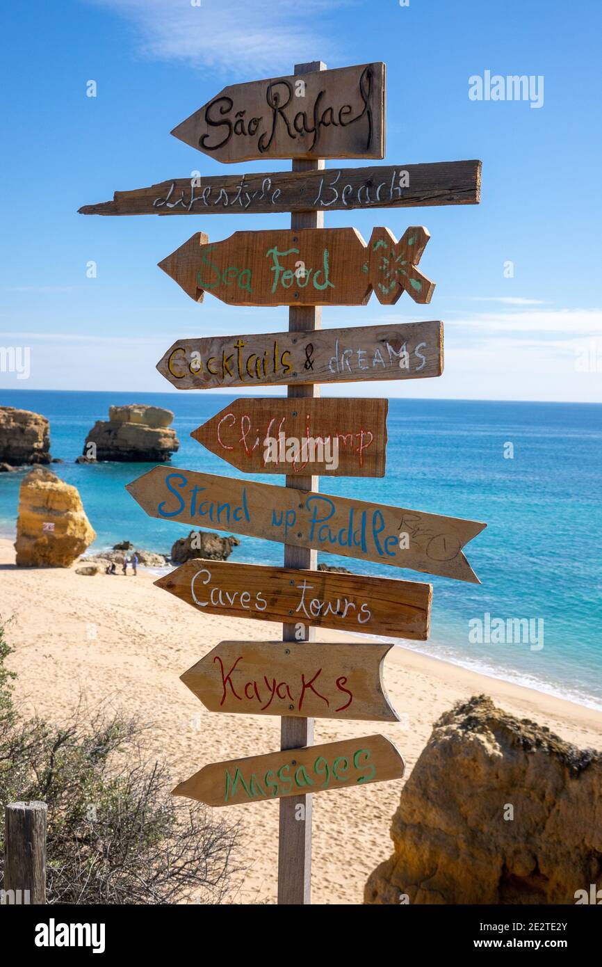 Praia Sao Rafael The Algarve Beach Advertising Signs For Restaurant And Tourist Attractions Stock Photo