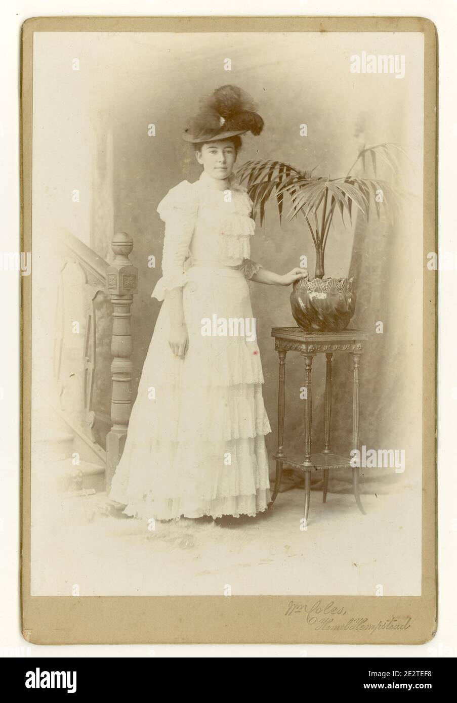 Late Victorian or early Edwardian era cabinet card of pretty young woman in white summer dress, high necked collar, hat with feathers, Hemel Hempstead, Hertfordshire, U.K. circa 1900, 1901 Stock Photo