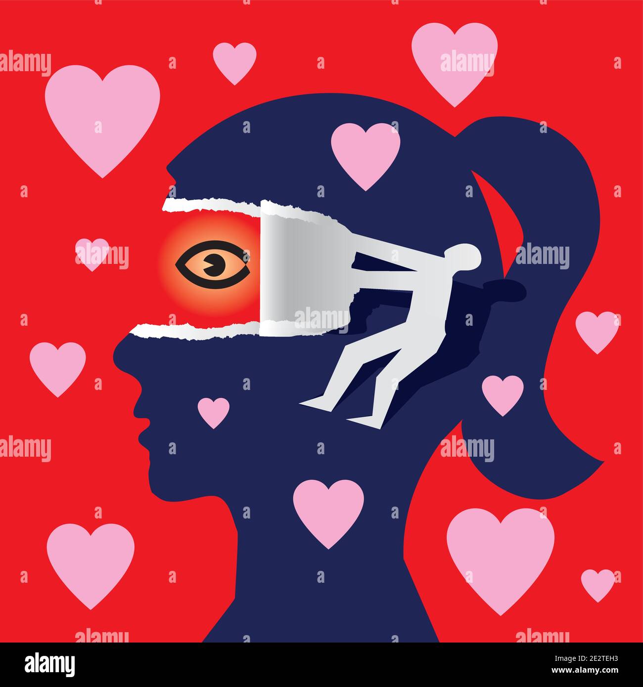 Open your eyes, platonic love, love concept.  Female stylized head in profile and male silhouette ripping paper and uncovering eye. Stock Vector
