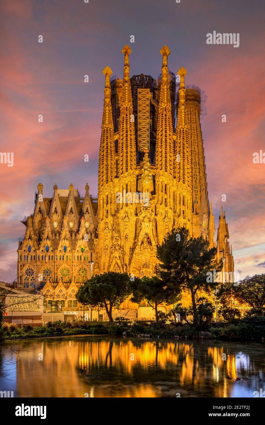 Twilight view over Nativity facade, Sagrada Familia basilica church