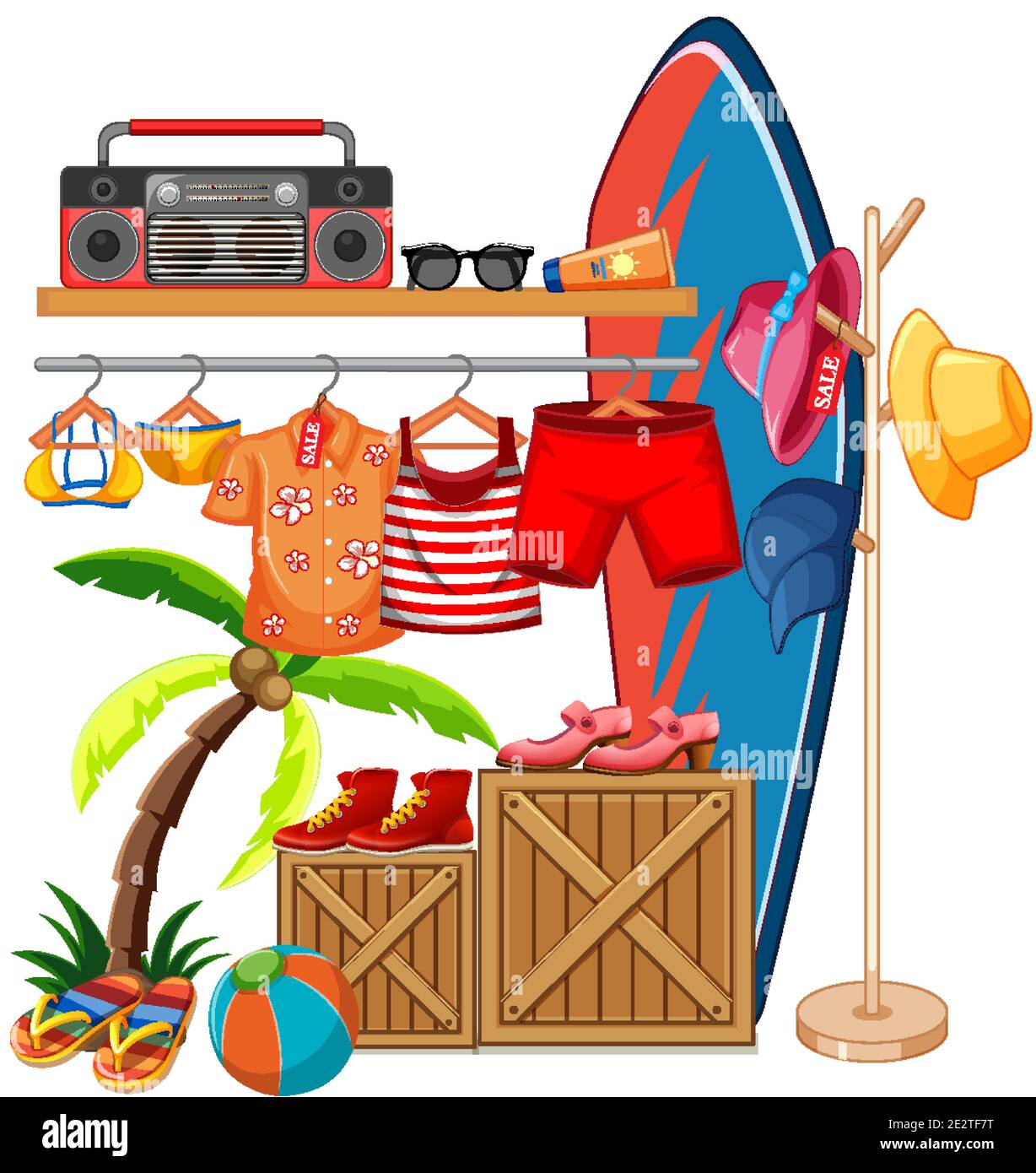Isolated clothes on the rack display summer theme illustration Stock Vector