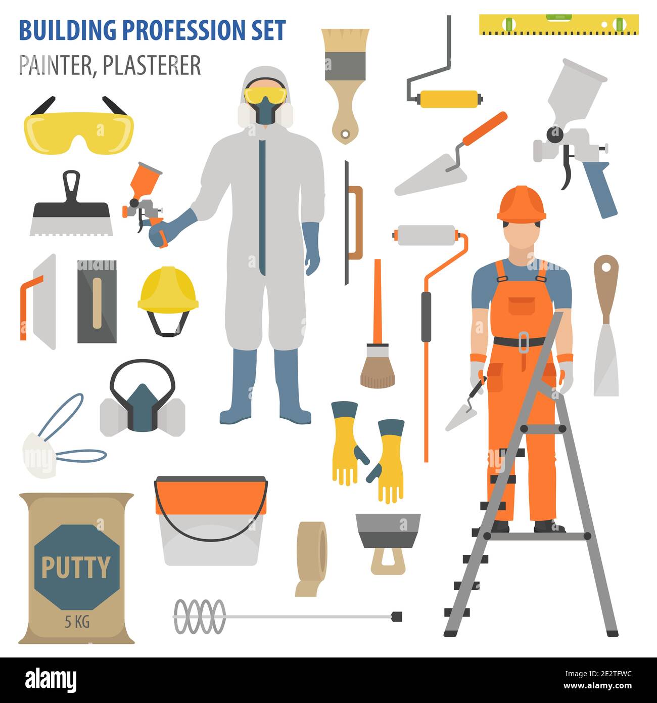 Profession and occupation set. Plasterer and painter tools and ...