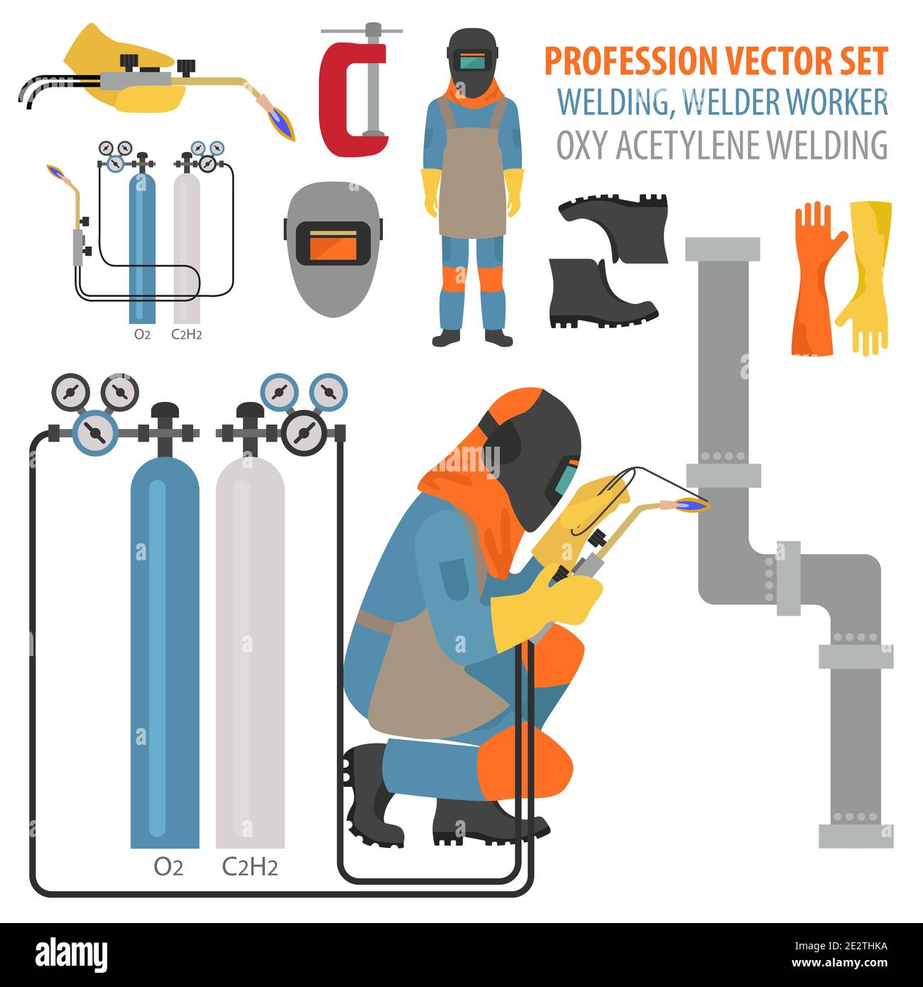 Profession and occupation set. Metal welding equipment, gas cutting flat design icon.Welder worker. Vector illustration Stock Vector