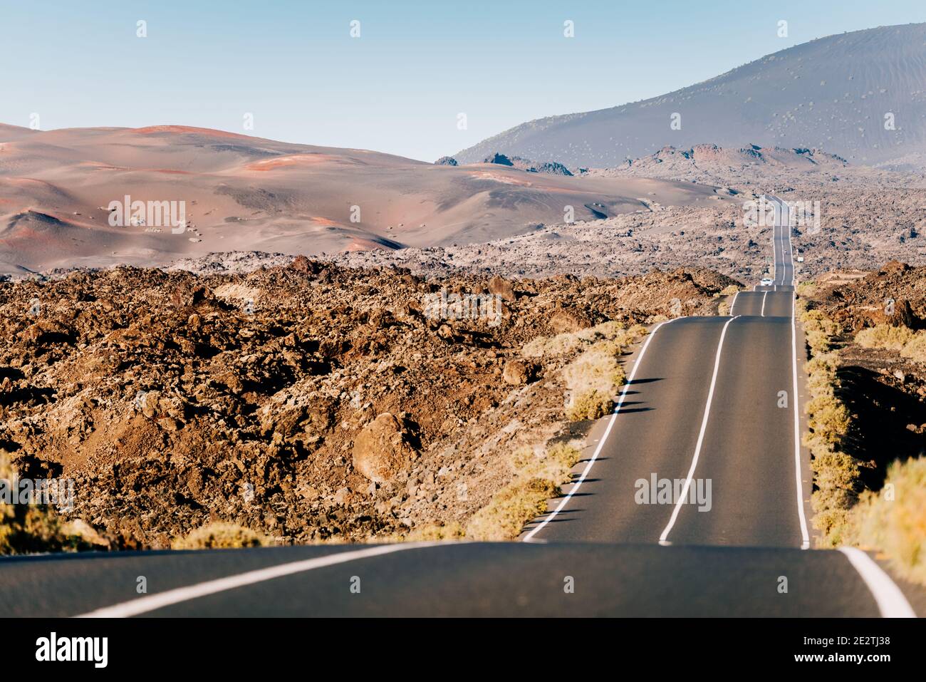 Scenic road at Timanfaya, Lanzarote. Volcanic Landscape Canary Islands Stock Photo