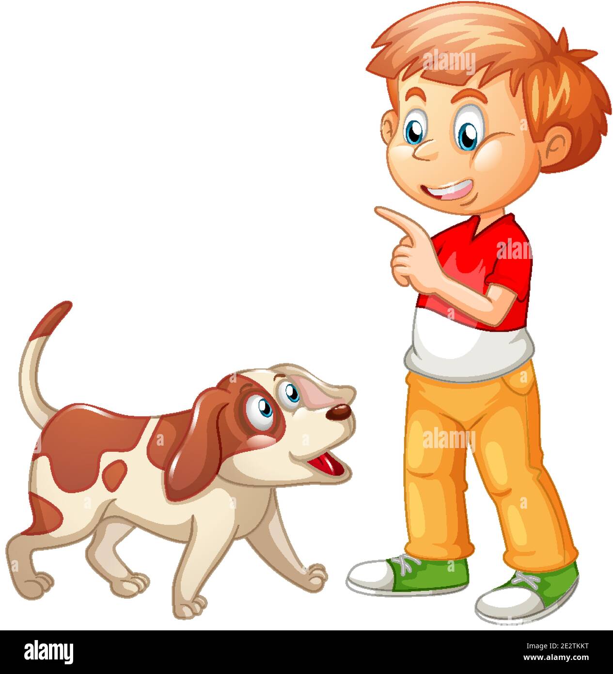 Boy playing with a dog isolated on white background illustration Stock
