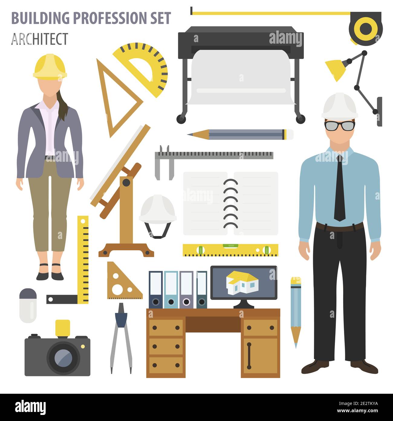 Profession and occupation set. Architect tools workplace equipment 