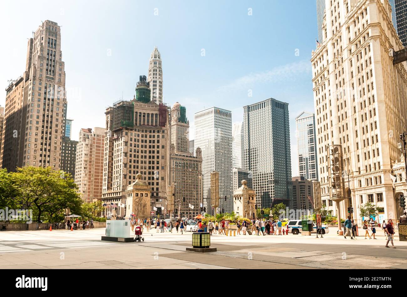 Chicago, Illinois, USA - August 24, 2014: Urbane scenery of Chicago Downtown. Urban landscape with towers and skyscrapers in a summer day. Stock Photo