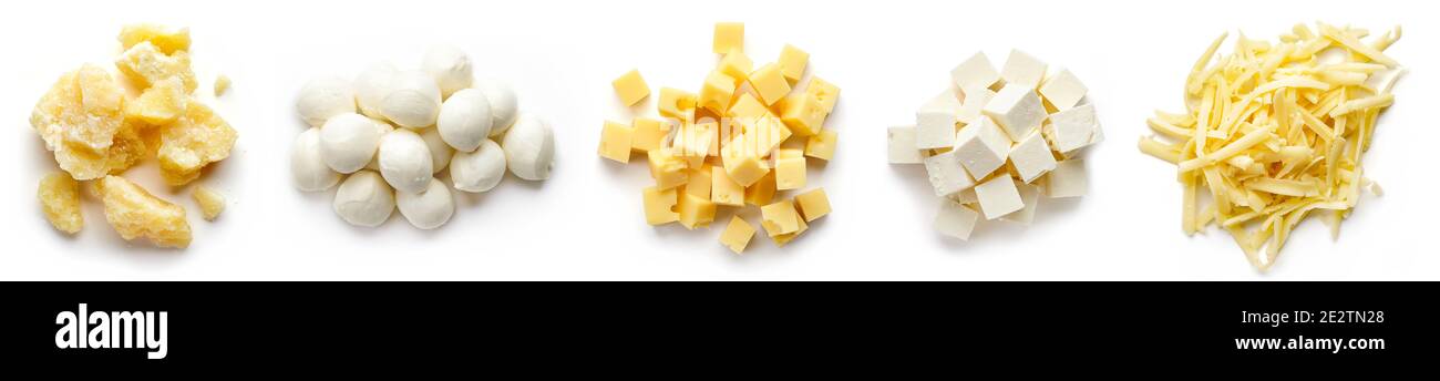 Pieces of parmesan, Mozzarella, diced, grated and soft cheese isolated on white background, top view Stock Photo