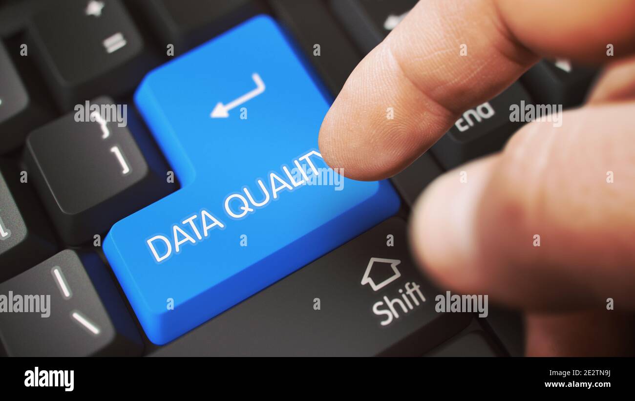 Close Up view of Male Hand Touching Blue DATA QUALITY Computer Key. 3D Render. Stock Photo