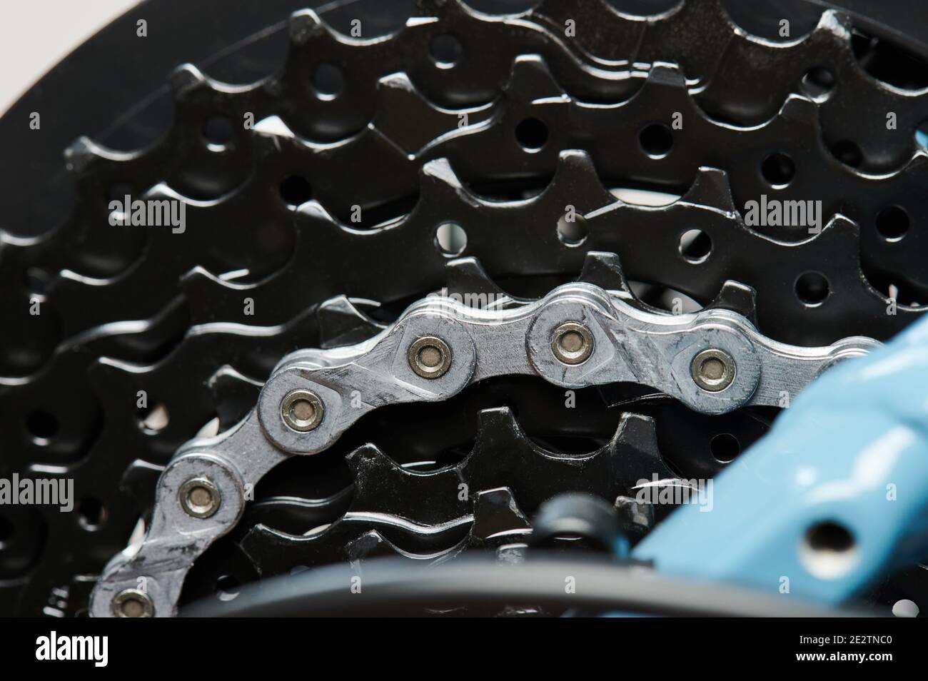 Teeth on metal gear plates of bicycle close up view Stock Photo