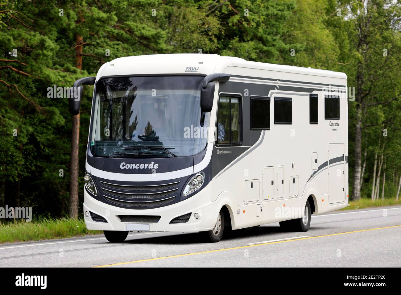 Concorde Charisma luxury motorhome driving along Highway 25 in direction of Port of Hanko on a day of summer. Raasepori, Finland. July 24, 2020. Stock Photo
