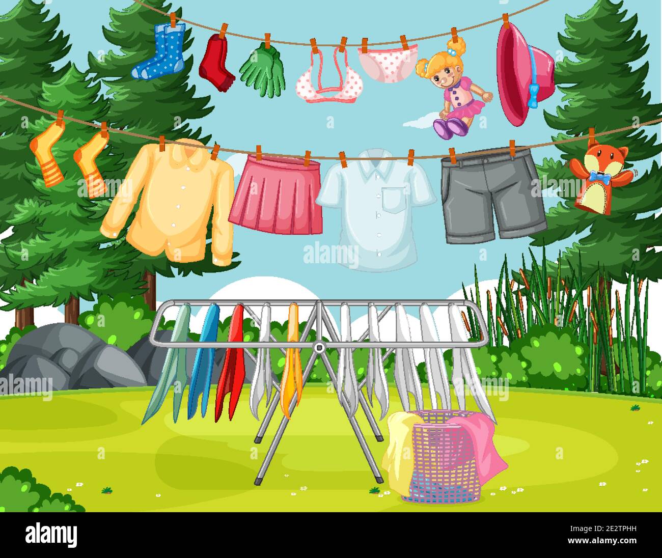 Clothes Hanging On Line In The Yard Illustration Stock Vector Image