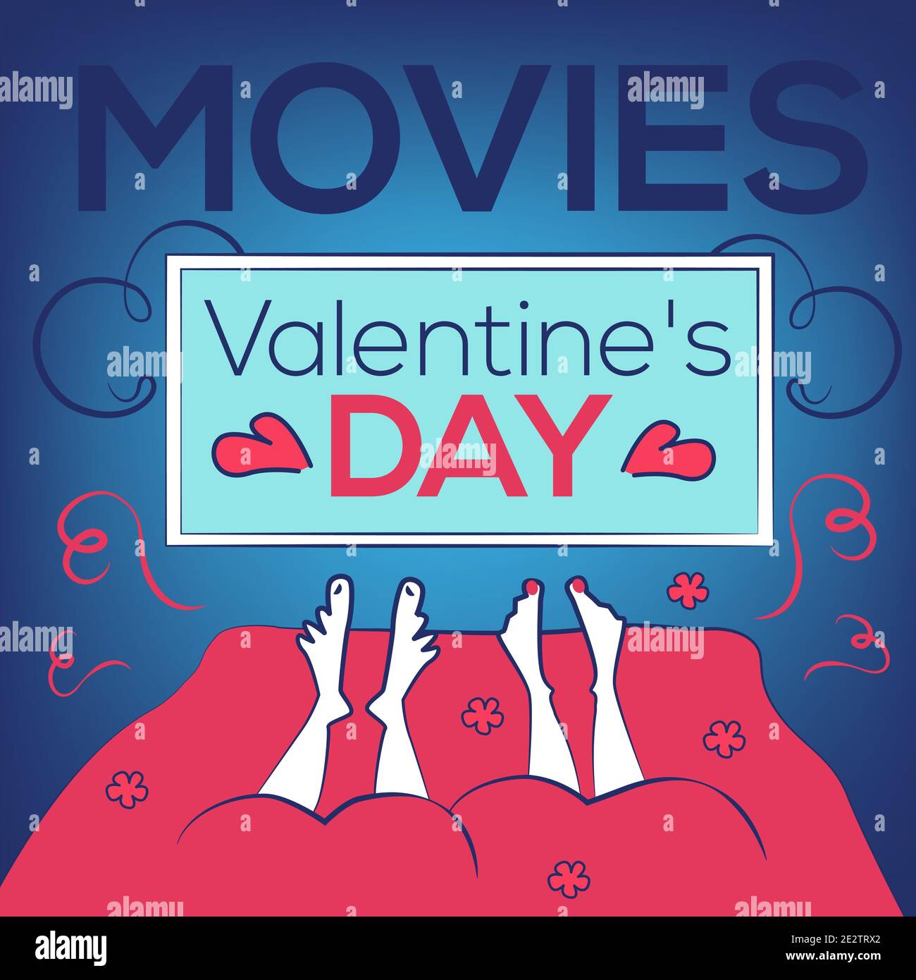 Valentines Day Romantic Movies. Square Cover, web site page. Couple of people in love in bed before TV-set, monitor. Vector Illustration, Banner, adve Stock Vector