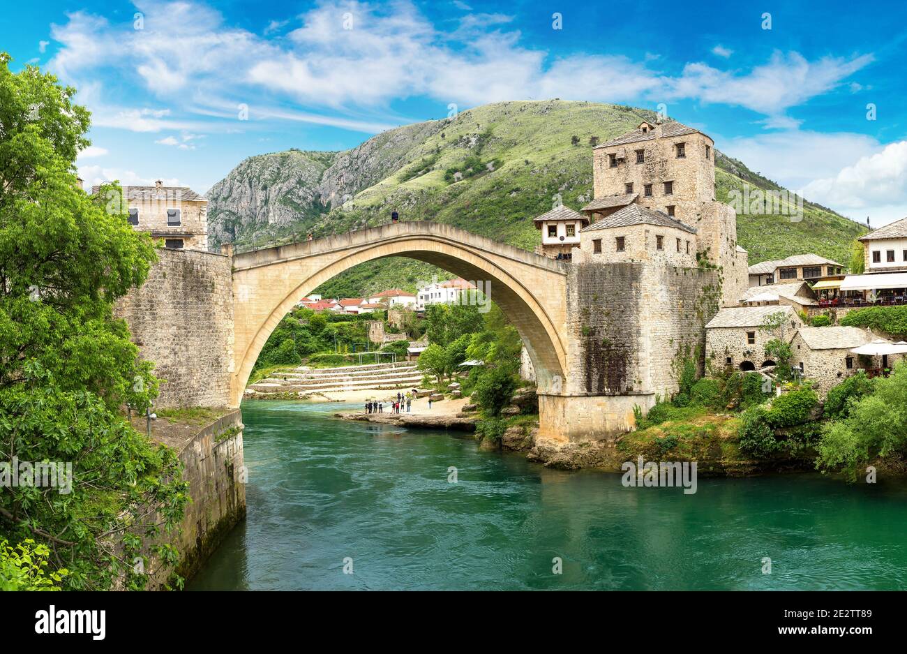 Panorama Of The Old Bridge In Mostar In A Beautiful Summer Day Bosnia Panorama Of The Old Bridge In Mostar In A Beautiful Summer Day Bosnia