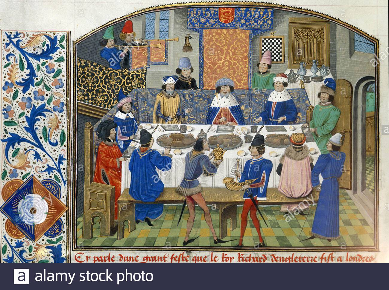 King Richard II dines with dukes, vintage illustration from the 15th century Stock Photo