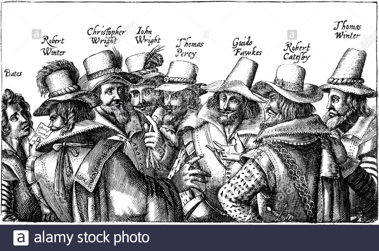 The Gunpower conspirators who who were attempting to blow up the Houses of Parliament on the 5th November 1605,  but who were uncovered beforehand and so it was a failed assassination attempt against King James I of England and VI of Scotland by a group of provincial English Catholics led by Robert Catesby, vintage illustration from 1606 Stock Photo