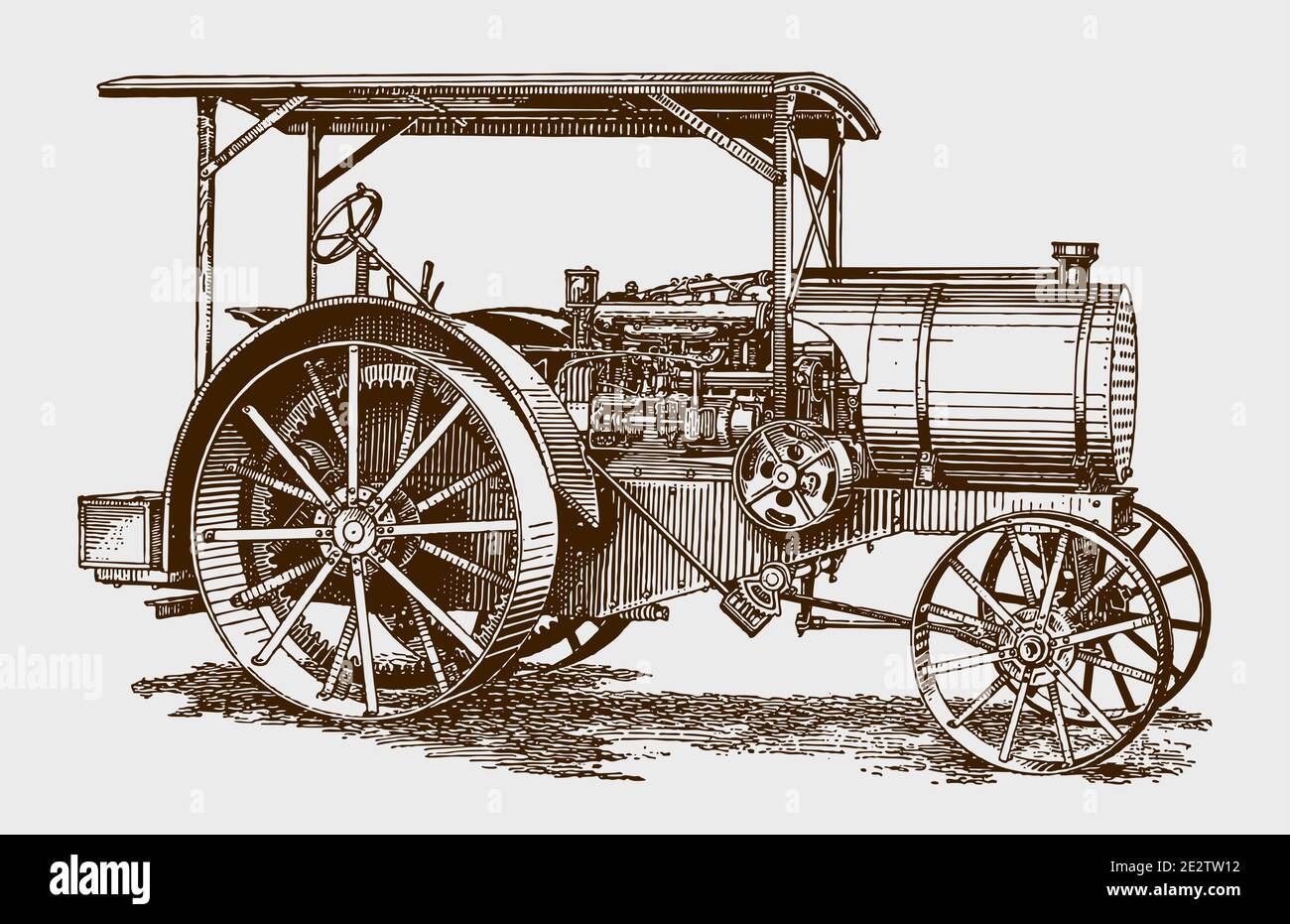 Light antique tractor in side view. Illustration after an engraving from the early 20th century Stock Vector
