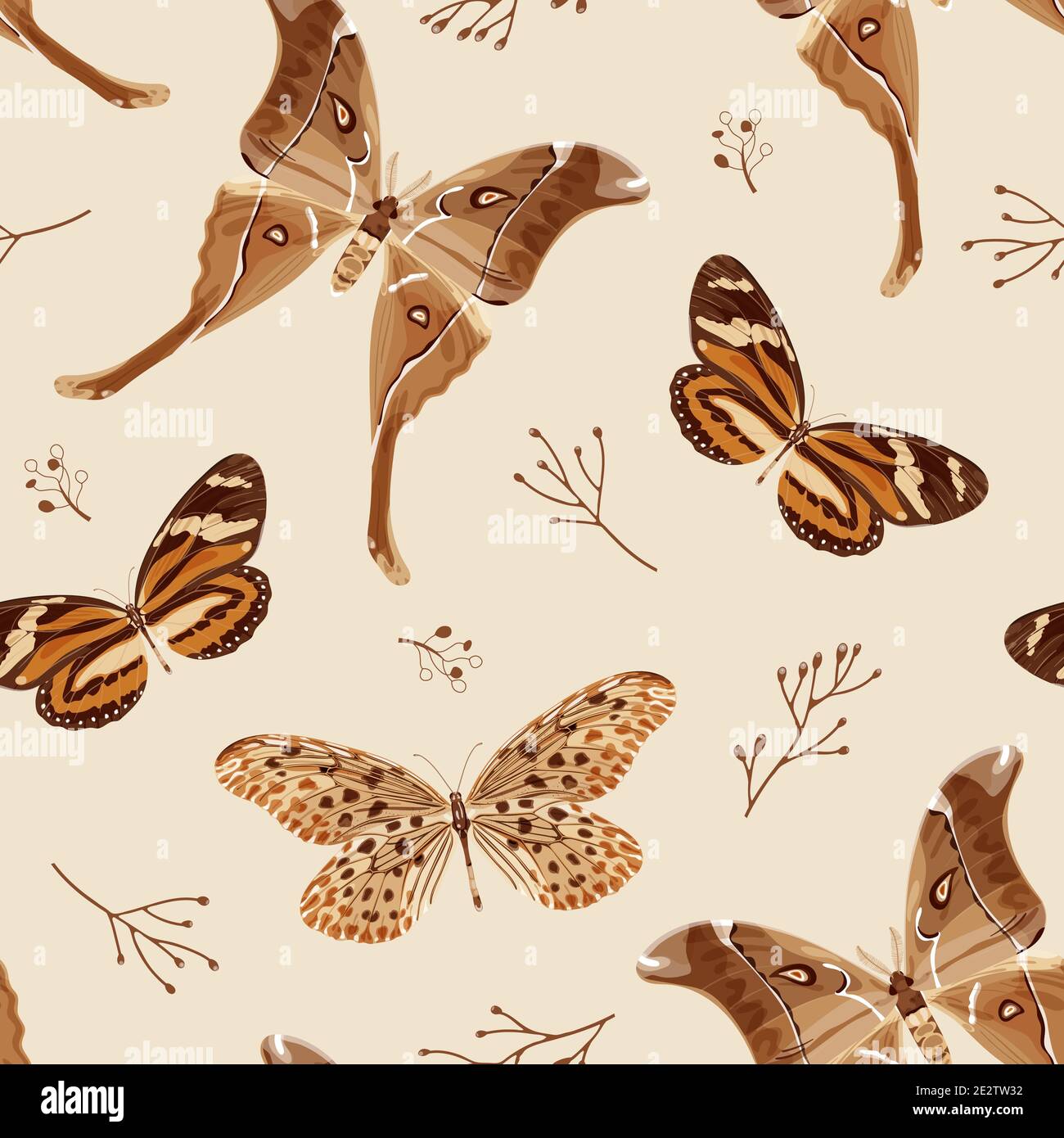 Seamless pattern with butterflies and moths in brown palette. The moth is a mystical symbol and talisman. Stock vector illustration. Stock Vector
