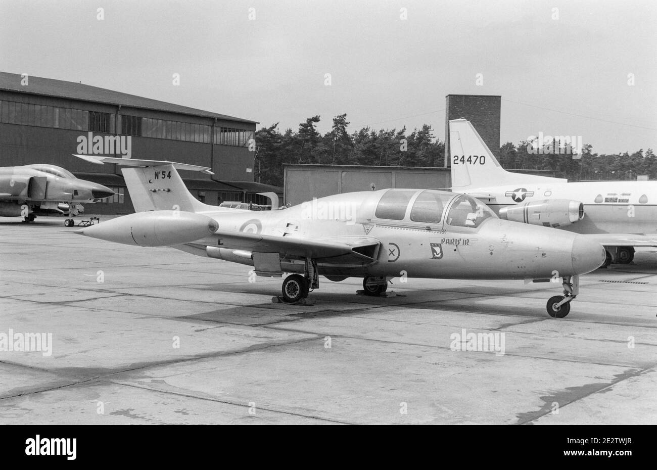 Vintage black and white photograph taken on 2nd June 1971 of a Morane-Saulnier MS.760 Paris four seat jets trainer, serial number 54, of the French Air Force. Stock Photo